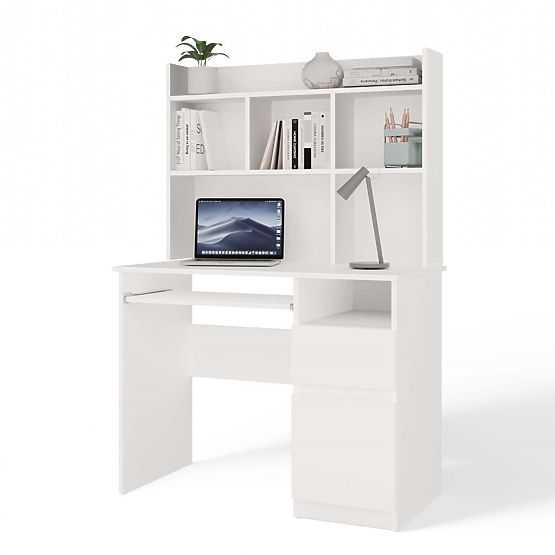 Bureau PORTO Droit avec Extension Blanc Mat Tiroir Étagère pour Bureau Chambre