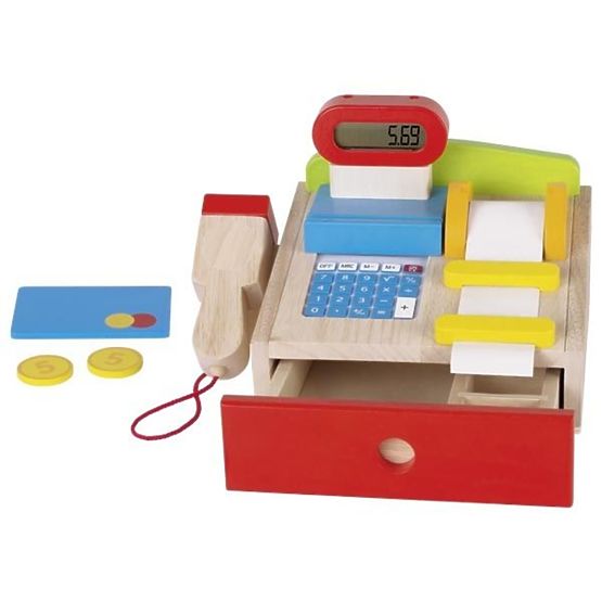 Caisse enregistreuse en bois avec calculatrice