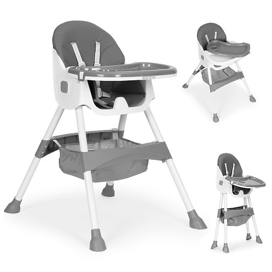 Chaise haute pour enfants avec plateau, panier, harnais à 5 points, gris ECOTOYS