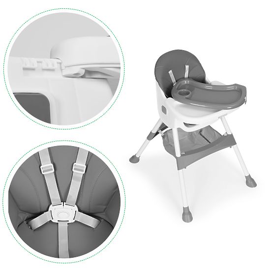 Chaise haute pour enfants avec plateau, panier, harnais à 5 points, gris ECOTOYS