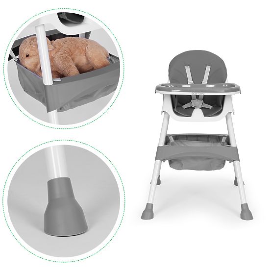 Chaise haute pour enfants avec plateau, panier, harnais à 5 points, gris ECOTOYS
