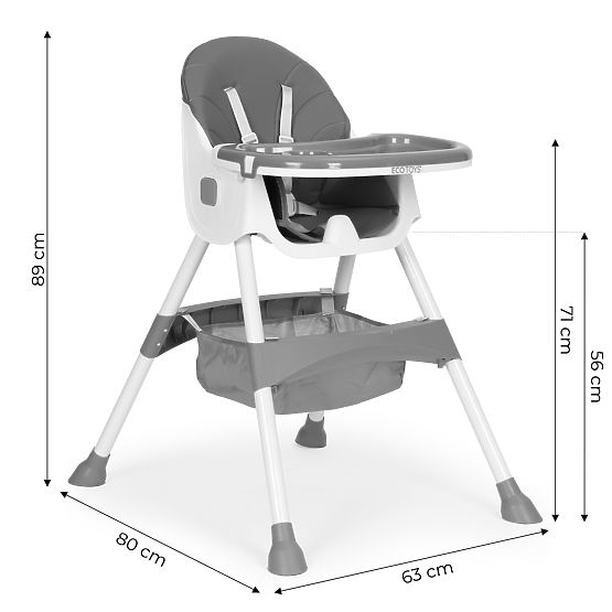 Chaise haute pour enfants avec plateau, panier, harnais à 5 points, gris ECOTOYS