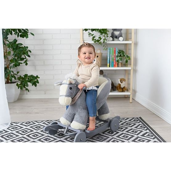 Cheval à bascule gris avec fauteuil et roues