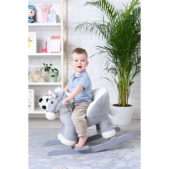 Cheval à bascule gris avec fauteuil et roues