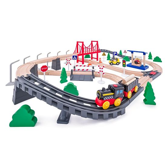 Circuit de train en bois avec locomotive à piles, 80 pièces