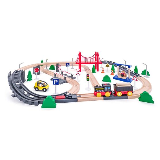 Circuit de train en bois avec locomotive à piles, 80 pièces
