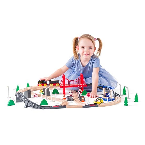 Circuit de train en bois avec locomotive à piles, 80 pièces