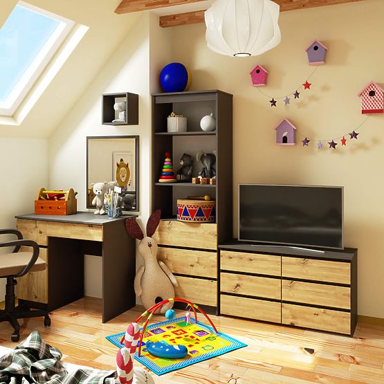 COMMODE CL100 6TIROIRS GRIS / CHÊNE ARTISAN