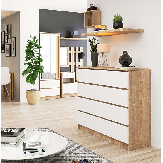 COMMODE K 120 cm 8 TIROIRS PK SONOMA / BLANC
