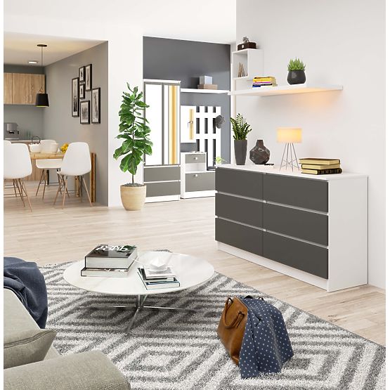 Commode K 140 cm 6 tiroirs PK blanc-gris graphite