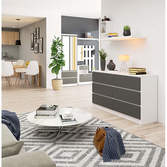 Commode K 140 cm 6 tiroirs PK blanc-gris graphite