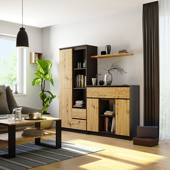 COMMODE K100 2D 3T 1P PK GRIS GRAPHITE / CHÊNE ARTISAN