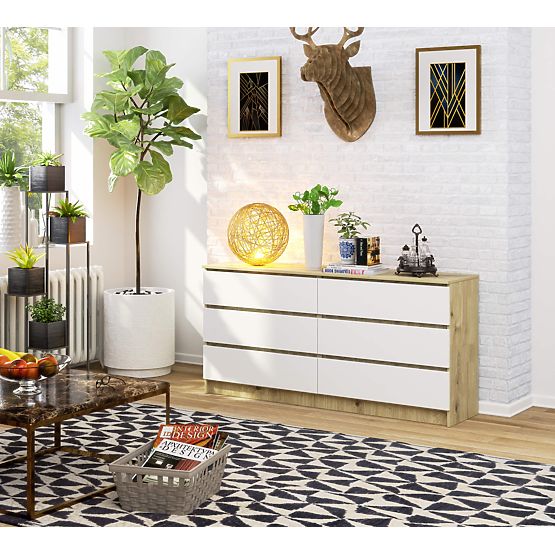COMMODE K160 6TIROIRS CLP CHÊNE ARTISAN / BLANC