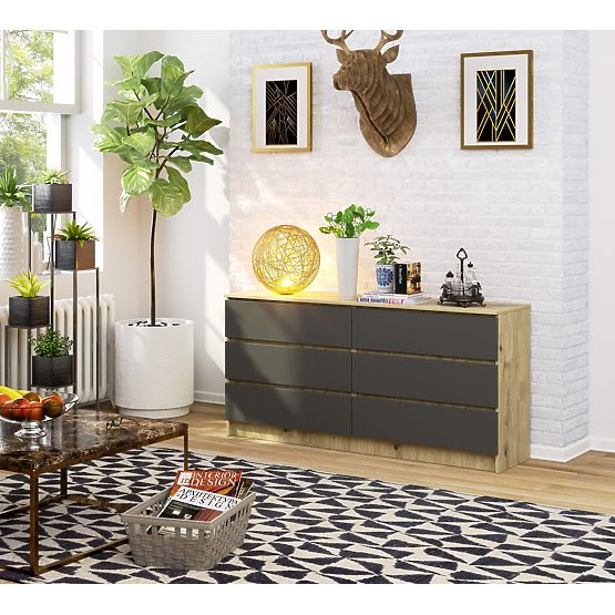 COMMODE K160 6TIROIRS CLP CHÊNE ARTISAN / GRIS