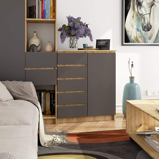COMMODE K80 1D 5T PK CHÊNE ARTISAN / GRIS GRAPHITE