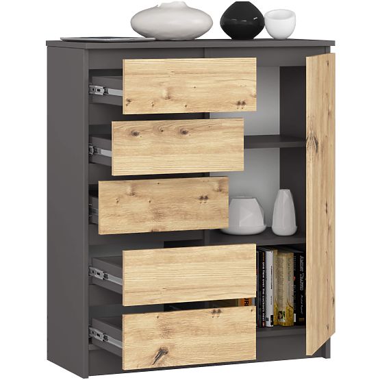COMMODE K80 1D 5T PK GRIS GRAPHITE / CHÊNE ARTISAN