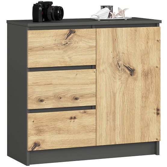 COMMODE K80 JERRY 1D 3T PK GRIS GRAPHITE / CHÊNE ARTISAN