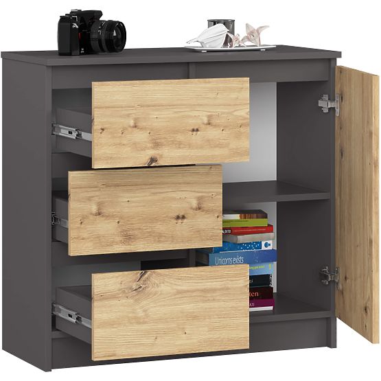 COMMODE K80 JERRY 1D 3T PK GRIS GRAPHITE / CHÊNE ARTISAN