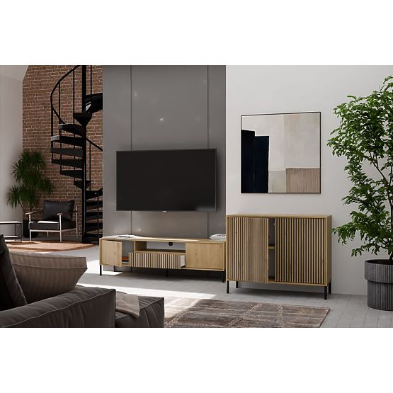 Commode KAMARO 2D SLIM CHÊNE ARTISAN à Lattes Rainurées