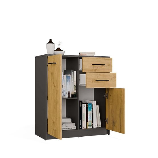 Commode SIMPLO 2D2S Armoire 2 Tiroirs 2 Portes pour Salon ANTHRACITE CHÊNE ARTISAN