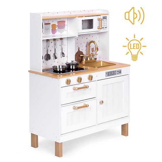 Cuisine pour enfants avec sons et LED, grande en bois avec placards ouvrants et 7 accessoires ECOTOY