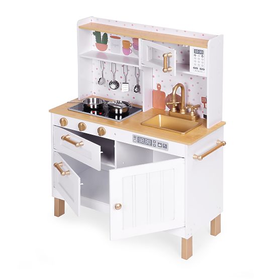 Cuisine pour enfants avec sons et LED, grande en bois avec placards ouvrants et 7 accessoires ECOTOY