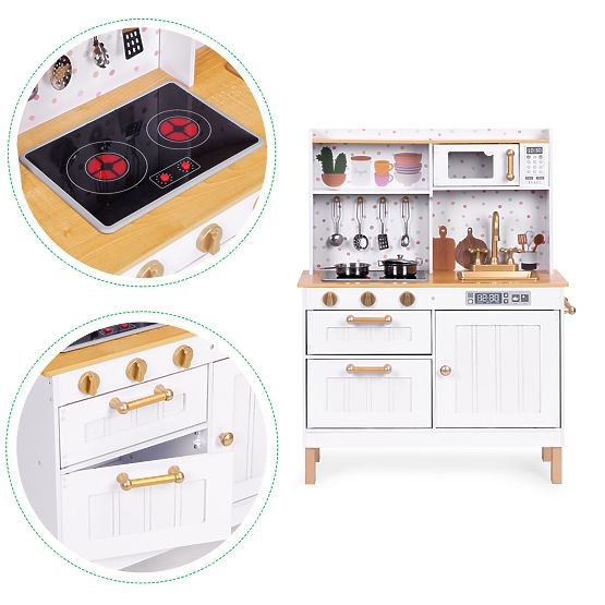 Cuisine pour enfants avec sons et LED, grande en bois avec placards ouvrants et 7 accessoires ECOTOY