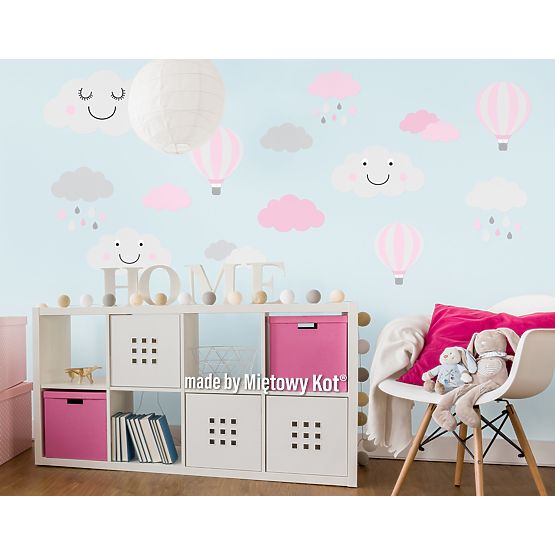 Décorations pour mur - nuages ballons gris-rose