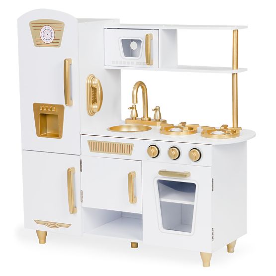 Grande cuisine en bois pour enfants blanc-or ECOTOYS