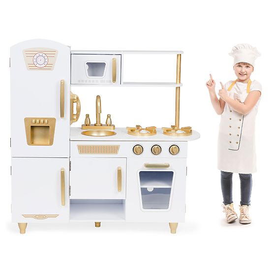 Grande cuisine en bois pour enfants blanc-or ECOTOYS
