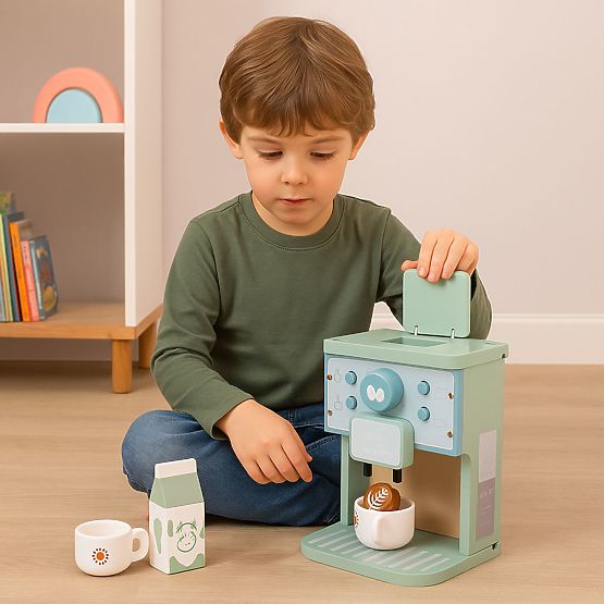 Machine à café en bois pour enfants, ensemble barista 8 pièces ECOTOYS