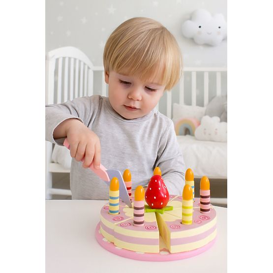 Ensemble de gâteau en bois avec velcro, bougies et fraise pour enfants 15 pièces ECOTOYS