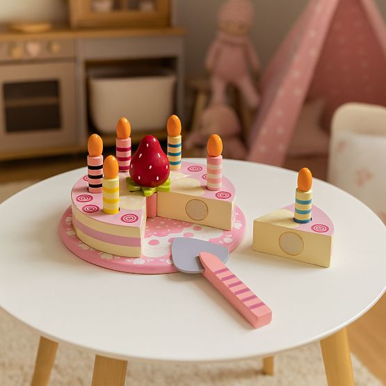 Ensemble de gâteau en bois avec velcro, bougies et fraise pour enfants 15 pièces ECOTOYS
