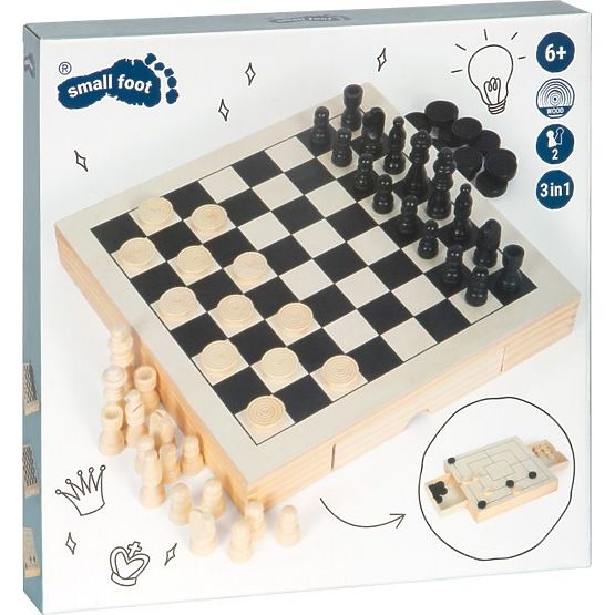 Ensemble de jeux en bois 3 en 1 - Échecs, Dames, Moulin