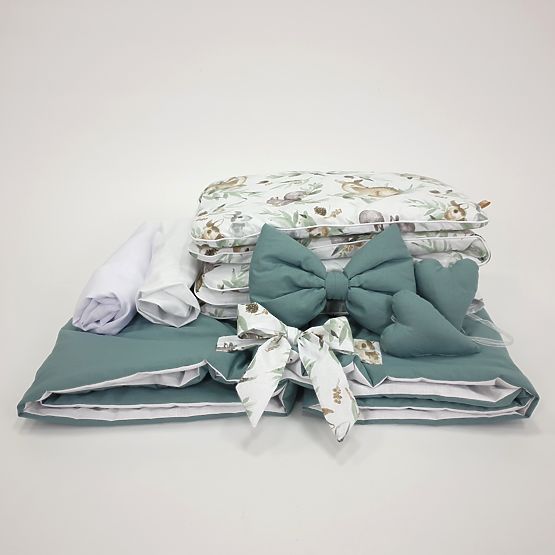 Ensemble de literie en coton vert pour berceau en osier - Animaux de la forêt