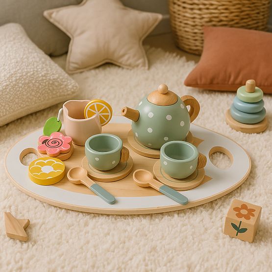 Ensemble de thé en bois avec théière et tasses 14 pièces ECOTOYS