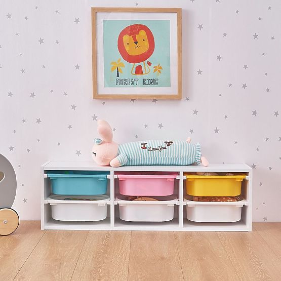 Étagère avec boîtes de rangement Explorer - bleu / rose / jaune