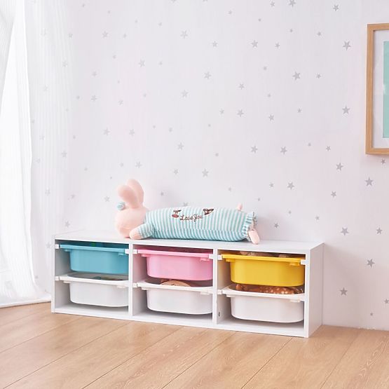 Étagère avec boîtes de rangement Explorer - bleu / rose / jaune