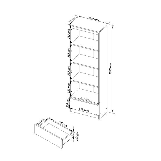 ÉTAGÈRE R 60 cm CLP 1 TIROIR 4 ÉTAGÈRES BLANC / MÉTALLIQUE BRILLANT