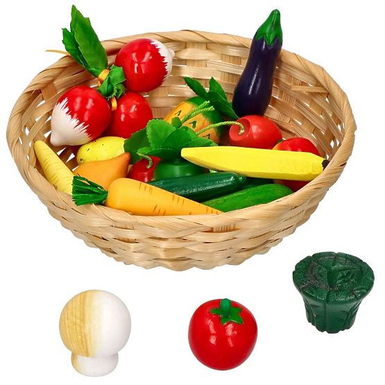 Fruits et légumes en bois dans un panier 21 pcs