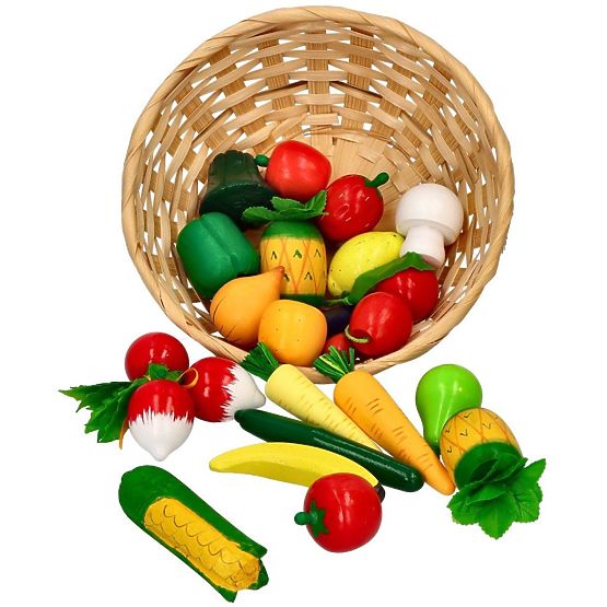 Fruits et légumes en bois dans un panier 21 pcs