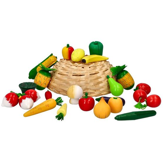 Fruits et légumes en bois dans un panier 21 pcs