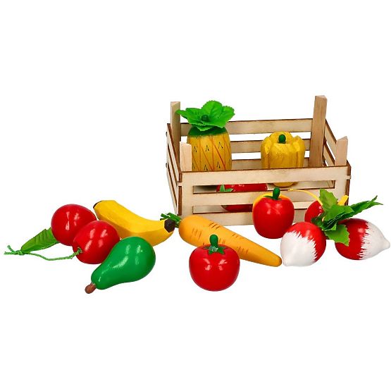 Fruits et légumes en bois dans une cagette
