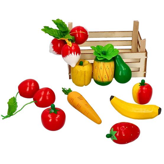 Fruits et légumes en bois dans une cagette