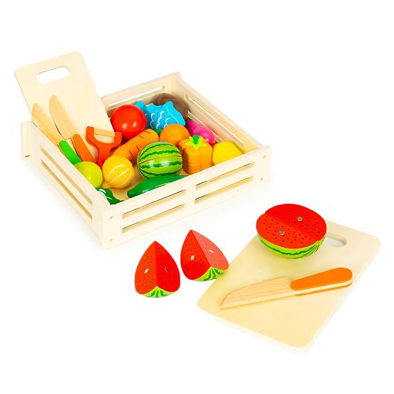 Fruits et légumes en bois à découper 17 pièces + caisse en bois