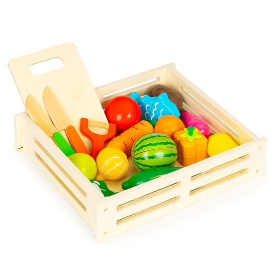 Fruits et légumes en bois à découper 17 pièces + caisse en bois