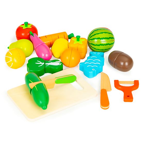 Fruits et légumes en bois à découper 17 pièces + caisse en bois