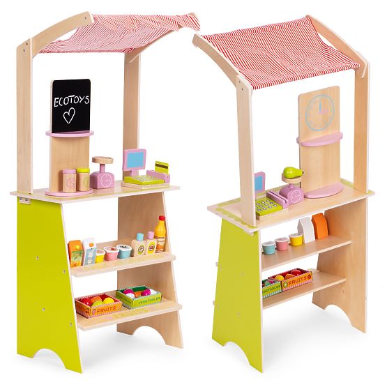Grand stand en bois pour enfants avec terminal et balance fruits légumes 20 éléments ECOTOYS