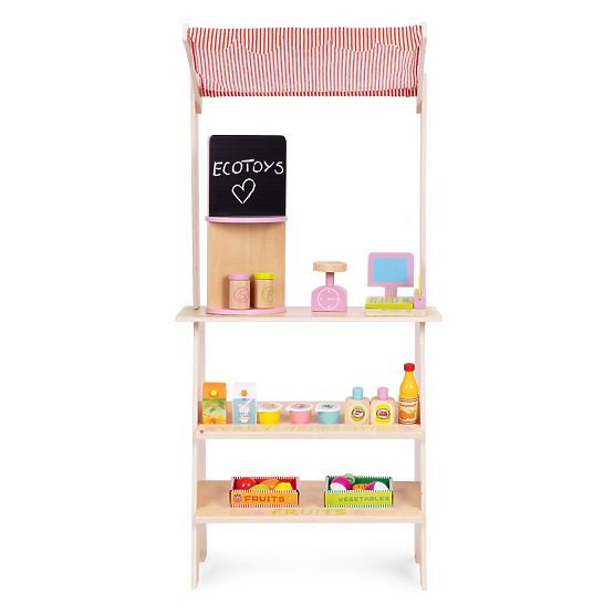 Grand stand en bois pour enfants avec terminal et balance fruits légumes 20 éléments ECOTOYS