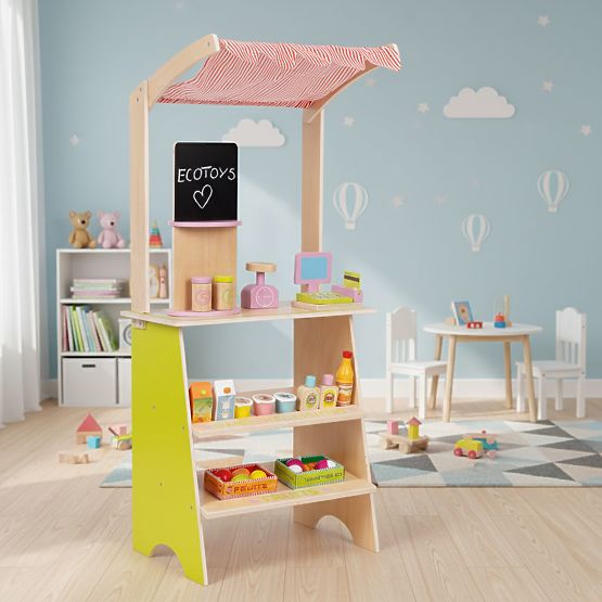 Grand stand en bois pour enfants avec terminal et balance fruits légumes 20 éléments ECOTOYS
